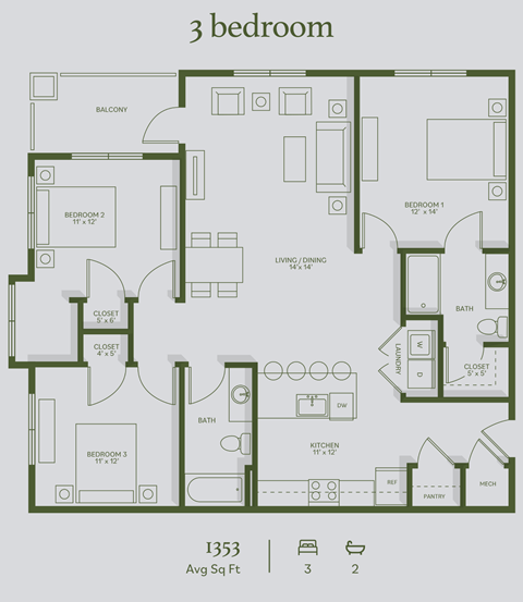 Floor plan for 3 beds, 2 baths, 1353 sqft